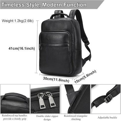 Durable Genuine Leather Backpack - 15.6 Inch Laptop Bag for Business Commute & Travel, Large Capacity Multi-Pocket Backpack for Men/Women, Black in Saudi Arabia