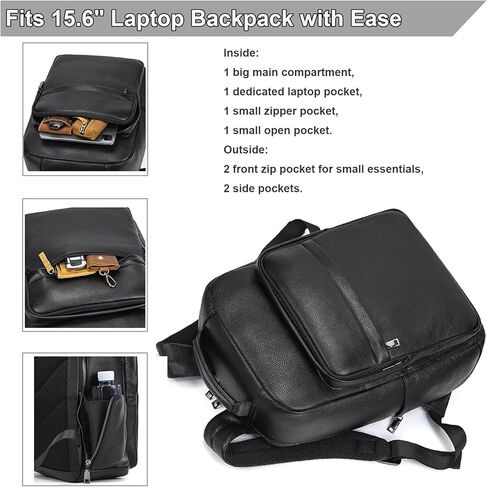 Durable Genuine Leather Backpack - 15.6 Inch Laptop Bag for Business Commute & Travel, Large Capacity Multi-Pocket Backpack for Men/Women, Black in Saudi Arabia