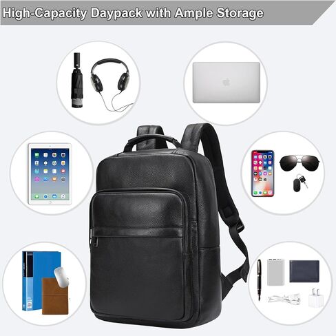 Durable Genuine Leather Backpack - 15.6 Inch Laptop Bag for Business Commute & Travel, Large Capacity Multi-Pocket Backpack for Men/Women, Black in Saudi Arabia