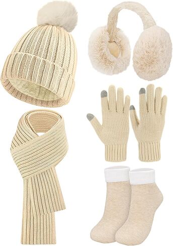 5 Pcs Womens Hat Scarf Gloves Set Winter Beanies Ear Muffs Touch Screen Gloves Knit Fuzzy Fleece Skull Cap Gifts in Saudi Arabia