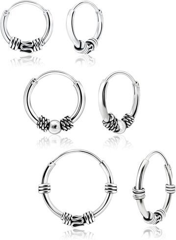 Hoops & Loops 925 Sterling Silver 10mm, 12mm & 14mm Polished Bead, Bali & Bali Bead Endless Hoop Earrings for Women Men, Set of 3 Pairs in Saudi Arabia