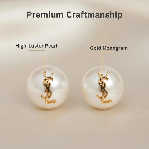 Designer Pearl Stud Earrings, Gold-Tone Logo Detail， Classic Fashion Earrings， One large and one small luxury design size in Saudi Arabia