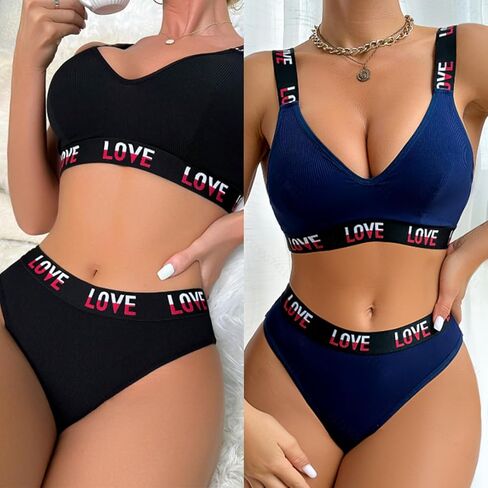 Women's 2 Piece Lingerie Set Love Letter Print Bra and Panty Set Underwear for Women in Saudi Arabia
