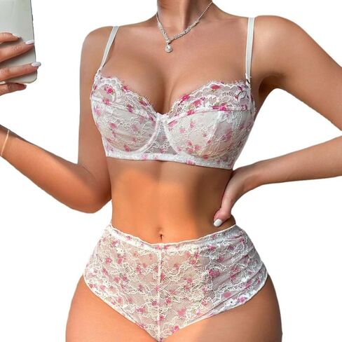 Women Floral Lace Lingerie Set Underwire Bra and High Waist Panty, Adjustable Straps, 2 Piece in Saudi Arabia
