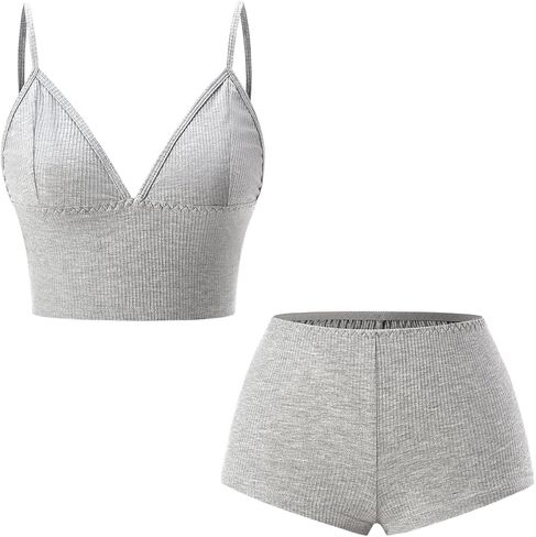 Women's 2 Piece Ribbed Knit Lingerie Set Deep V Neck Wireless Bra and Boyshorts Nightwear in Saudi Arabia