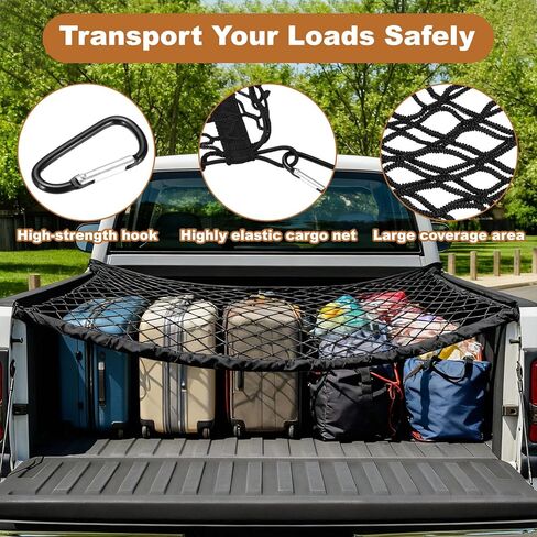 PATIKIL Truck Cargo Net, 39 x 12 Inch Polyester Adjustable Trunk Bed Net Stretchable Mesh Storage Organizer with 8 Hooks Universal for Pickup Trucks SUV Cars, Black in Saudi Arabia