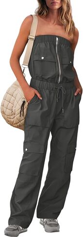 UNIANKIYA Womens One Piece Jumpsuits Casual Wide Leg Cargo Pants Elastic Waist Drawstring Overalls Summer Romper with Pockets in Saudi Arabia