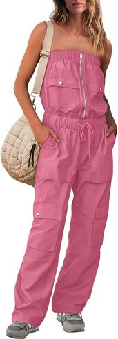 UNIANKIYA Womens One Piece Jumpsuits Casual Wide Leg Cargo Pants Elastic Waist Drawstring Overalls Summer Romper with Pockets in Saudi Arabia