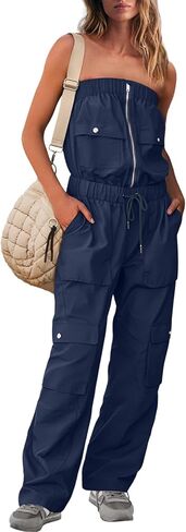 UNIANKIYA Womens One Piece Jumpsuits Casual Wide Leg Cargo Pants Elastic Waist Drawstring Overalls Summer Romper with Pockets in Saudi Arabia