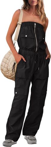 UNIANKIYA Womens One Piece Jumpsuits Casual Wide Leg Cargo Pants Elastic Waist Drawstring Overalls Summer Romper with Pockets in Saudi Arabia