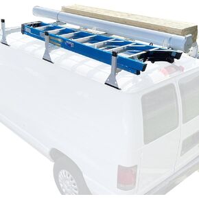 حامل سلم فان - مناسب لسيارة Ford Econoline E150-E350 (1992-2015) وChevy Express 1500-3500، رف سقف عالمي قابل للتعديل بطول 3 بار - فولاذ، أبيض in Kuwait