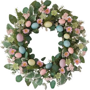 24 Inch Easter Wreath for Front Door - Spring Summer Decor with Pink Berries, Eucalyptus Leaves, Faux Eggs & Fabric Flowers, Indoor Outdoor Wall Window Wedding Home Decor in Saudi Arabia