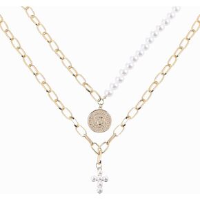 VTSAKAIIE 14K Gold Stainless Steel Pearl Choker Charm Necklace for Women|Minimalist Daily Pendant Necklace, Wedding Office Corporate Jewelry Gift|Chunck Pearl Coin Pendant Statement | Wedding Office Corporate Jewelry Gift |Vintage Pearl Gothic 5 Layered C in Saudi Arabia