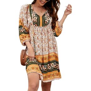 Qearal Women's Casual V Neck 3/4 Sleeve Boho Floral Printed Loose Short Flowy Summer Beach Vacation Dress in Kuwait