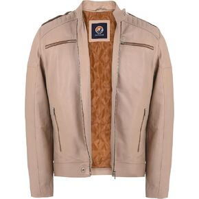Men's Vintage Style Slim Fit Center Zip-Up Motorcycle Biker Leather Jacket in Beige Color, Premium Quality in Saudi Arabia