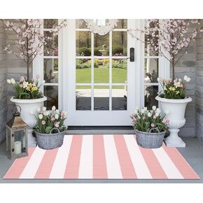Front Door Mat 24"x51",Pink and White Striped Layered Doormat Cotton Woven Washable Indoor Outdoor Porch Rug Farmhouse Small Area Rug for Porch/Entryway/Home Entrance Decor in Kuwait