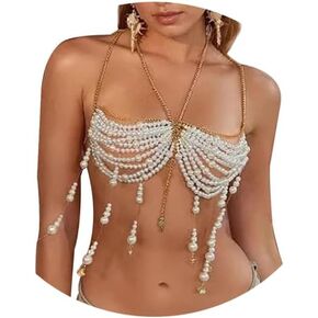 White Multi-layered Pearl Shell Top Bra Chain,Summer Beach Starfish Seashell Tassel Body Chain Festival Pearl Bikini Lingerie Chain Jewelry for Women in Saudi Arabia