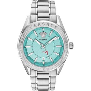 Versace V-Code GMT Collection Luxury Mens Watch Timepieces with a Silver Bracelet Featuring a Stainless Steel Case and a Blue Dial in Saudi Arabia