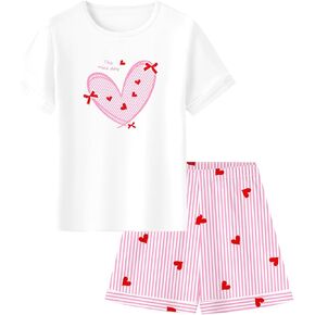 Umeyda Pajamas for Girls Patterned Short Sleeve Top and Short Nightwear 100% Cotton Pajama Set, Pink Heart Striped, 11-12 Years = Tag 160 in Saudi Arabia