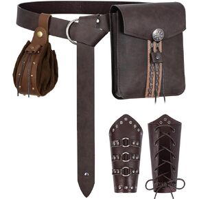 Renaissance Medieval Belt Pouch Set - Viking Accessories with Waist Bag, Purse & Leather Bracers for Halloween, LARP (Brown) in Kuwait