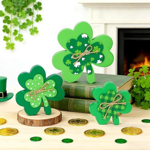 زينة يوم القديس باتريك علامة خشبية، ثلاثة أحجام مزدوجة الطبقة خضراء شامروك علامة القديس باتريك يوم لاكي الأيرلندية الجدول المركزية للمنزل المتدرج صينية عباءة الجرف مكتب ديكور النافذة in Kuwait