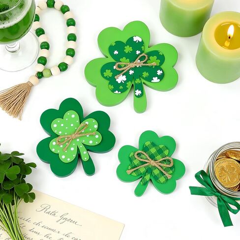 زينة يوم القديس باتريك علامة خشبية، ثلاثة أحجام مزدوجة الطبقة خضراء شامروك علامة القديس باتريك يوم لاكي الأيرلندية الجدول المركزية للمنزل المتدرج صينية عباءة الجرف مكتب ديكور النافذة in Kuwait