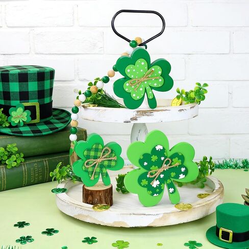 زينة يوم القديس باتريك علامة خشبية، ثلاثة أحجام مزدوجة الطبقة خضراء شامروك علامة القديس باتريك يوم لاكي الأيرلندية الجدول المركزية للمنزل المتدرج صينية عباءة الجرف مكتب ديكور النافذة in Kuwait