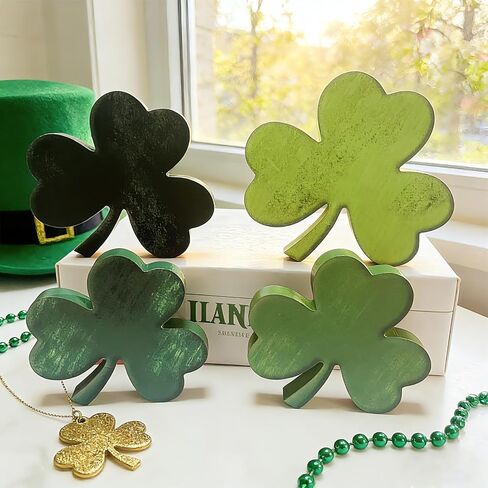 Wooden Shamrock Decorations for St. Patrick's Day, Green Irish Clover Signs, Set of 4, Table Centerpiece, Tiered Tray Decor Retro in Saudi Arabia