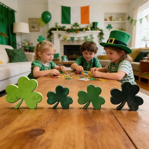 Wooden Shamrock Decorations for St. Patrick's Day, Green Irish Clover Signs, Set of 4, Table Centerpiece, Tiered Tray Decor Retro in Saudi Arabia
