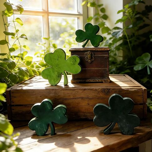 Wooden Shamrock Decorations for St. Patrick's Day, Green Irish Clover Signs, Set of 4, Table Centerpiece, Tiered Tray Decor Retro in Saudi Arabia