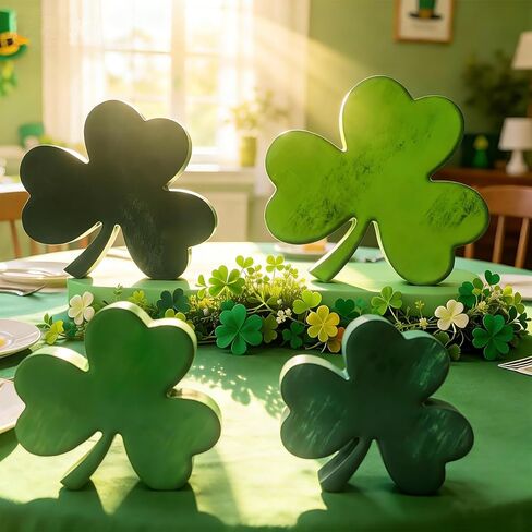 Wooden Shamrock Decorations for St. Patrick's Day, Green Irish Clover Signs, Set of 4, Table Centerpiece, Tiered Tray Decor Retro in Saudi Arabia