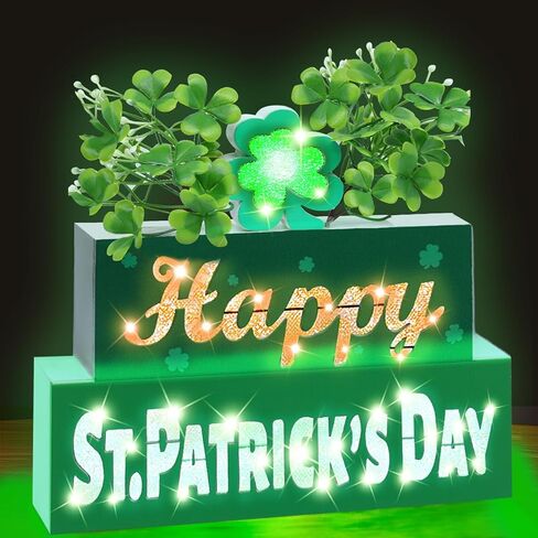 St. Patricks Day Decorations St Patricks Day Table Centerpieces St Patricks Wooden Blocks Sign with Lighted 3D Letters Timer Shamrocks and Flowers St. Patrick's Day Decor for Home Table Tiered Tray in Saudi Arabia