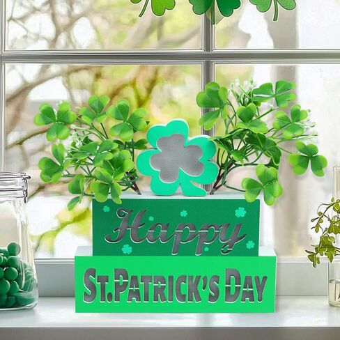 St. Patricks Day Decorations St Patricks Day Table Centerpieces St Patricks Wooden Blocks Sign with Lighted 3D Letters Timer Shamrocks and Flowers St. Patrick's Day Decor for Home Table Tiered Tray in Saudi Arabia