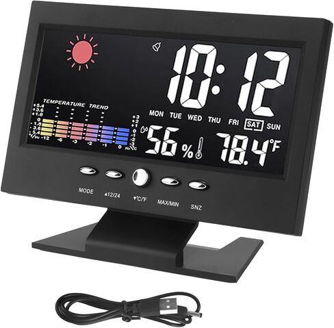 Rengue Weather Forecast Clock, Large LED Color Screen with Time Date Week Temperature Humidity Display, Voice Control Backlight, for Bedside Desk Alarm Clock Indoor Temperature in Saudi Arabia