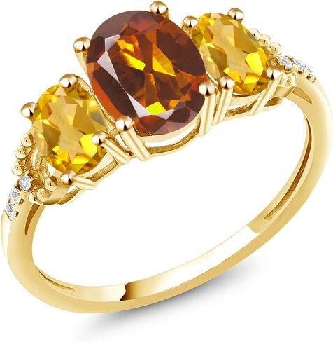 Gem Stone King 10K Yellow Gold Oval Orange Red Madeira Citrine Yellow Citrine and diamond Accent Ring | 2.04 Cttw | 3 Stone Wedding Engagement Anniversary Promise Ring For Women in Saudi Arabia