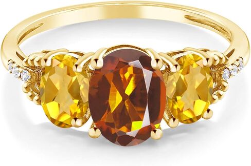Gem Stone King 10K Yellow Gold Oval Orange Red Madeira Citrine Yellow Citrine and diamond Accent Ring | 2.04 Cttw | 3 Stone Wedding Engagement Anniversary Promise Ring For Women in Saudi Arabia