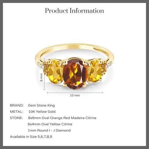 Gem Stone King 10K Yellow Gold Oval Orange Red Madeira Citrine Yellow Citrine and diamond Accent Ring | 2.04 Cttw | 3 Stone Wedding Engagement Anniversary Promise Ring For Women in Saudi Arabia