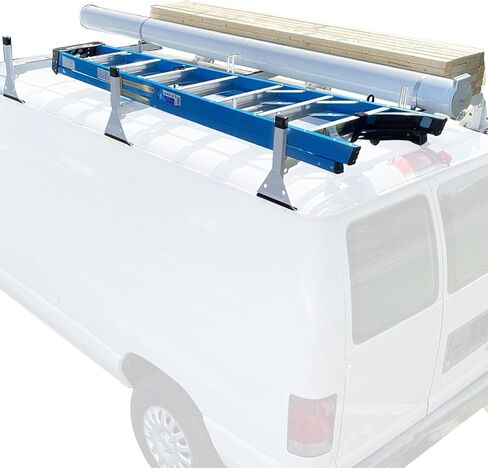 Van Ladder Rack - Fit for Ford Econoline E150-E350 (1992-2015) & Chevy Express 1500-3500, Universal Adjustable Length 3-Bar Roof Rack - Steel, White in Saudi Arabia