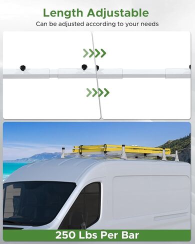 Van Ladder Rack - Fit for Ford Econoline E150-E350 (1992-2015) & Chevy Express 1500-3500, Universal Adjustable Length 3-Bar Roof Rack - Steel, White in Saudi Arabia