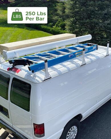 Van Ladder Rack - Fit for Ford Econoline E150-E350 (1992-2015) & Chevy Express 1500-3500, Universal Adjustable Length 3-Bar Roof Rack - Steel, White in Saudi Arabia