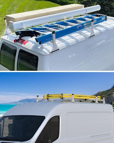 Van Ladder Rack - Fit for Ford Econoline E150-E350 (1992-2015) & Chevy Express 1500-3500, Universal Adjustable Length 3-Bar Roof Rack - Steel, White in Saudi Arabia