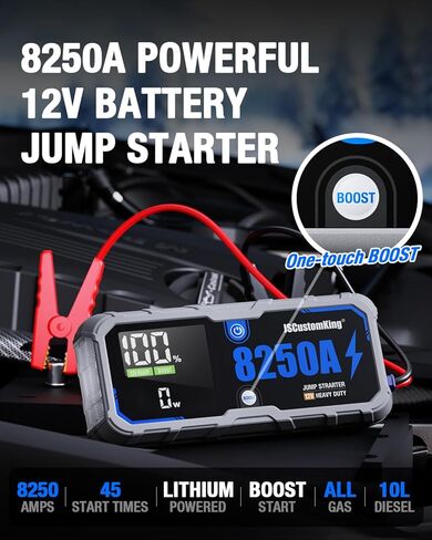 حزمة بطارية Jump Starter 8250A مع PD-65W (لجميع الغازات أو 10.0+L ديزل)، بدء تشغيل السيارة الصالحة للشرب 12 فولت مع شاشة HD 4.01 بوصة، 2 بنك طاقة USB، وقت الاستعداد لمدة 24 شهرًا in Kuwait