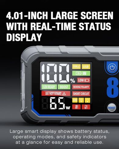 حزمة بطارية Jump Starter 8250A مع PD-65W (لجميع الغازات أو 10.0+L ديزل)، بدء تشغيل السيارة الصالحة للشرب 12 فولت مع شاشة HD 4.01 بوصة، 2 بنك طاقة USB، وقت الاستعداد لمدة 24 شهرًا in Kuwait