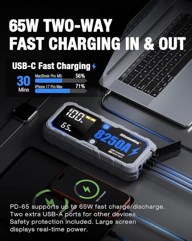 حزمة بطارية Jump Starter 8250A مع PD-65W (لجميع الغازات أو 10.0+L ديزل)، بدء تشغيل السيارة الصالحة للشرب 12 فولت مع شاشة HD 4.01 بوصة، 2 بنك طاقة USB، وقت الاستعداد لمدة 24 شهرًا in Kuwait