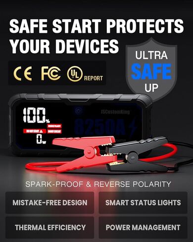 حزمة بطارية Jump Starter 8250A مع PD-65W (لجميع الغازات أو 10.0+L ديزل)، بدء تشغيل السيارة الصالحة للشرب 12 فولت مع شاشة HD 4.01 بوصة، 2 بنك طاقة USB، وقت الاستعداد لمدة 24 شهرًا in Kuwait