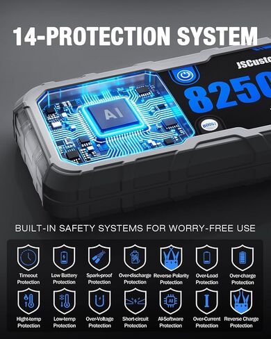 حزمة بطارية Jump Starter 8250A مع PD-65W (لجميع الغازات أو 10.0+L ديزل)، بدء تشغيل السيارة الصالحة للشرب 12 فولت مع شاشة HD 4.01 بوصة، 2 بنك طاقة USB، وقت الاستعداد لمدة 24 شهرًا in Kuwait