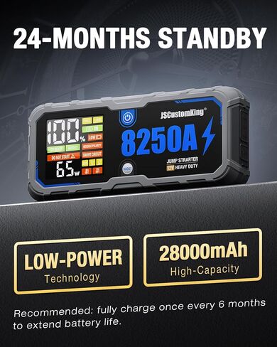 حزمة بطارية Jump Starter 8250A مع PD-65W (لجميع الغازات أو 10.0+L ديزل)، بدء تشغيل السيارة الصالحة للشرب 12 فولت مع شاشة HD 4.01 بوصة، 2 بنك طاقة USB، وقت الاستعداد لمدة 24 شهرًا in Kuwait