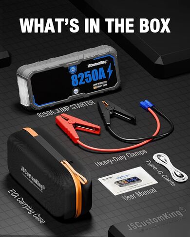 حزمة بطارية Jump Starter 8250A مع PD-65W (لجميع الغازات أو 10.0+L ديزل)، بدء تشغيل السيارة الصالحة للشرب 12 فولت مع شاشة HD 4.01 بوصة، 2 بنك طاقة USB، وقت الاستعداد لمدة 24 شهرًا in Kuwait