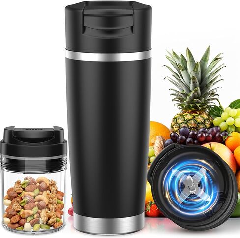خلاط محمول للعصائر والمخفوقات، كوب معزول لاسلكيًا سعة 24 أونصة، حامل ليكوادورا صغير شخصي مع زجاجة من الفولاذ المقاوم للصدأ، خلاط سفر قابل لإعادة الشحن عبر USB-C، خالٍ من مادة BPA، للعصائر (أسود) in Kuwait