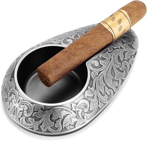 منافض السجائر المنزلية من CIGARLOONG مع نقش رائع، منفضة سجائر من الفولاذ المقاوم للصدأ، ملحق سيجار متين وأنيق للاستخدام الداخلي والخارجي (فضي) in Kuwait